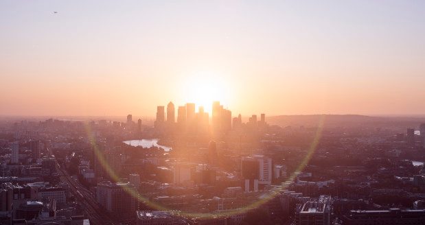 UK, London, looking East of the city from high up with view of Canary Wharf