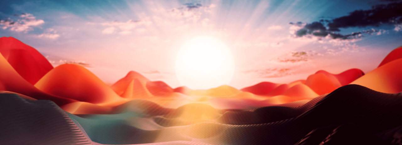 A surreal desert landscape with smooth, wavy sand dunes in shades of red, orange, and teal under a dramatic sky. 