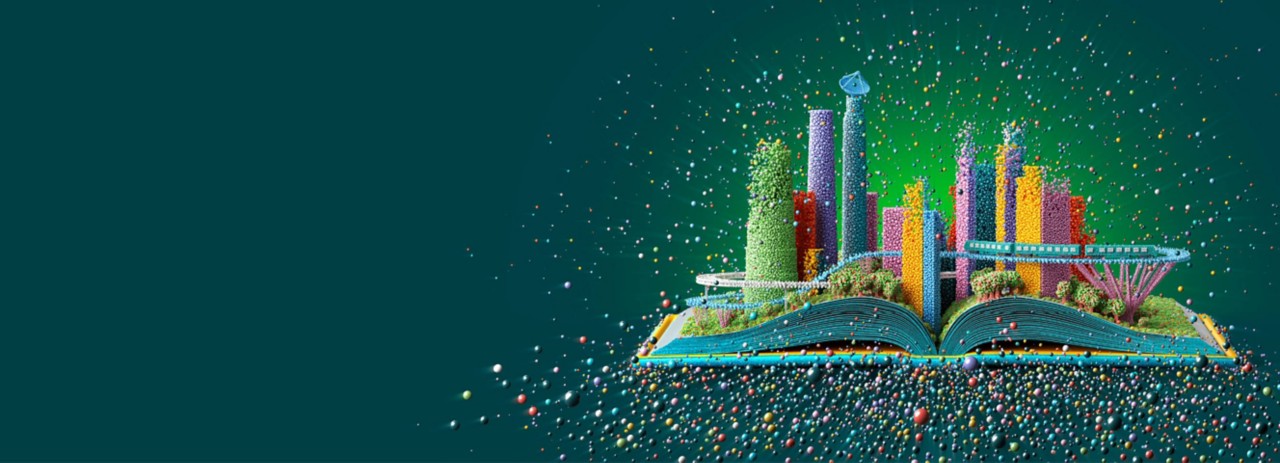 Colorful cityscape emerging from an open book with floating particles